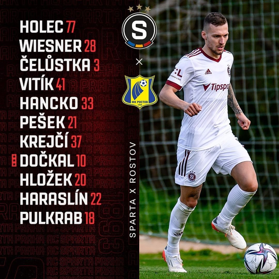 1️⃣1️⃣ SESTAVA | Do utkání proti Rostovu vyběhneme ve složení:

? Holec - Wiesner, Čelůstka, Vitík, Hancko - Pešek, LK37, Dočkal, Hložek, Haraslín - Pulkrab.

Výkop by nakonec měl být v 15:45, přímý přenos na live.sparta.cz! #acsparta